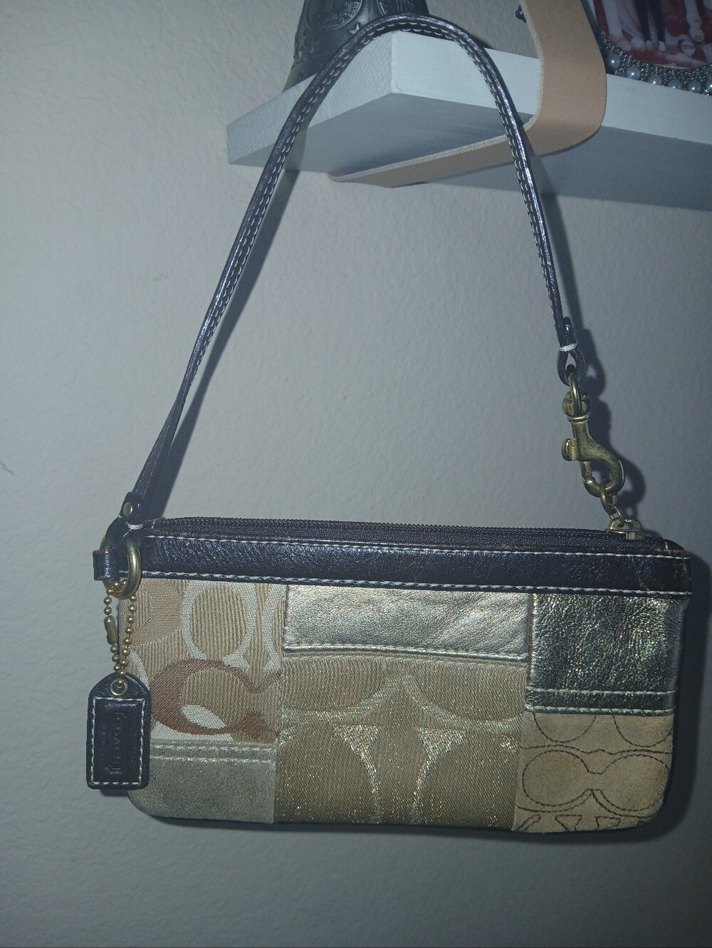 Coach Patchwork Wristlet in Metallic Gold and Brown Leather Trim
